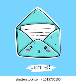 Funny happy cute smiling envelope letter in kawaii style. Vector colorful cartoon character illustration icon design. Isolated on white background. Write me!