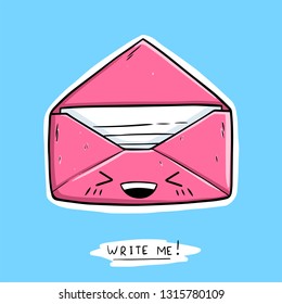 Funny happy cute smiling envelope letter in kawaii style. Vector colorful cartoon character illustration icon design. Isolated on white background. Write me!