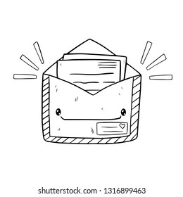 Funny happy cute smiling envelope letter in kawaii style. Vector outline cartoon character illustration icon design. Isolated on white background. Write me!