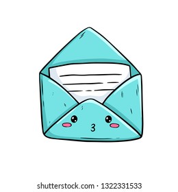 Funny happy cute smiling envelope letter in kawaii style. Vector colorful cartoon character illustration icon design. Isolated on white background. Write me!