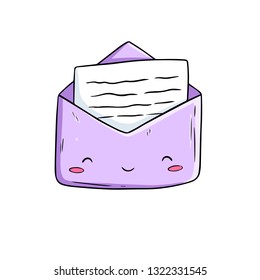 Funny happy cute smiling envelope letter in kawaii style. Vector colorful cartoon character illustration icon design. Isolated on white background. Write me!