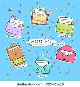Funny happy cute smiling envelope letters set in kawaii style. Vector cartoon characters 
 illustrations. On blue background with stars. Write me!
