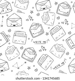 Funny happy cute smiling envelope letters seamless pattern in kawaii style. Vector outline cartoon characters illustrations. On white background with stars. Write me!