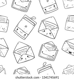 Funny happy cute smiling envelope letters seamless pattern in kawaii style. Vector outline cartoon characters illustrations. On white background