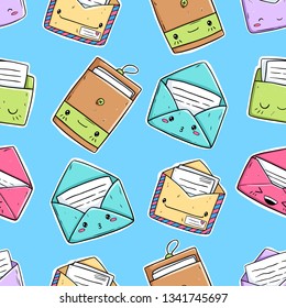 Funny happy cute smiling envelope letters seamless pattern in kawaii style. Vector cartoon characters illustrations. On blue background