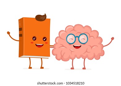 Funny happy cute smiling hipster book and brain in glasses. Vector flat cartoon character illustration icon. Isolated on white background.Smart brain and book concept