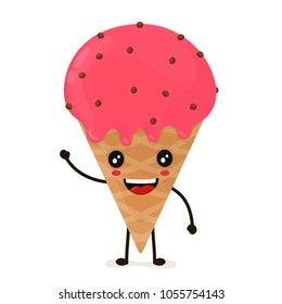 Funny happy cute happy smiling ice cream. Vector flat cartoon character illustration icon. Isolated on white background. Ice cream concept
