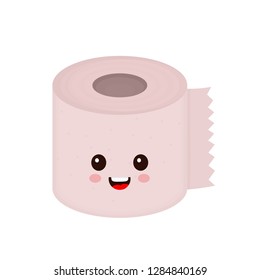 Funny happy cute smiling toilet paper roll. Vector flat cartoon character kawaii illustration icon. Isolated on white background. Toilet paper roll concept
