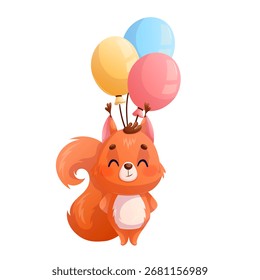 Funny happy cute squirrel with balloons on a white background. Birthday concept, congratulations. Cartoon children's vector illustration for the design of postcard, card, invitation, clothe, sticker