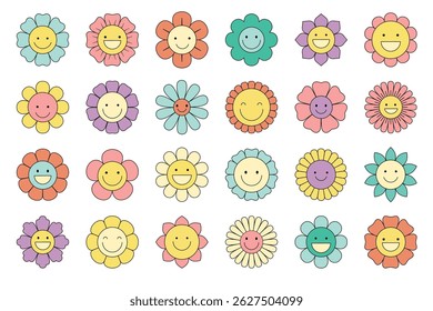 Funny happy daisy with eyes and smile. Isolated vector illustration. Hippie 60s, 70s style.
