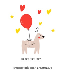 Funny happy deer. Happy birthday. Illustration on white background for greeting card, textile t shirt, print.