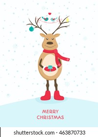 Funny happy deer character with decorated antlers holding a cup of hot beverage. Red shoes, scarf and gloves. Merry Christmas greeting card template. Cartoon style vector illustration.