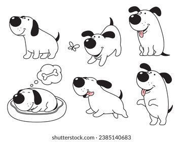 Funny happy dog, cartoon, comic character in various poses, vector drawing