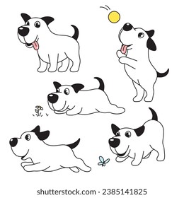 Perro divertido, caricatura, personaje cómico en varias poses, dibujo vectorial