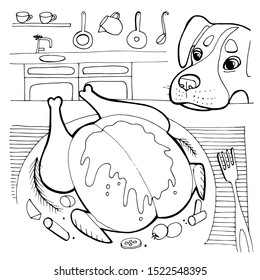 Funny happy dog character asks for turkey dinner. Vector hand draw cartoon illustration