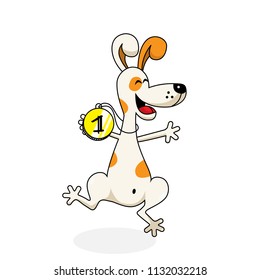 funny happy dog jumping with  medal with the first place - cartoon character- vector illustration