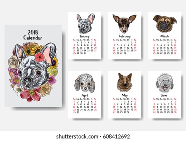 Funny happy dogs, calendar 2018 design. Chinese new year, the year of the dog zodiac monthly cards templates. Set of 6 month. Cute doggy vector.