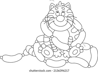 Gracioso gato doméstico feliz sentado con sabrosas salchichas recién hechas de un frigorífico casero, ilustración vectorial de contorno negro y blanco para una página de libro de colorido