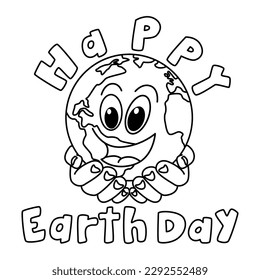 Funny happy earth day cartoon characters vector illustration. For kids coloring book.
