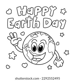 Funny happy earth day cartoon characters vector illustration. For kids coloring book.
