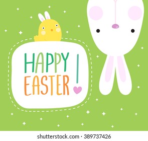 Funny Happy Easter with easter bunny and cute chick 
