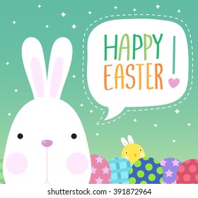 Funny Happy Easter with easter bunny and eggs and cute chick