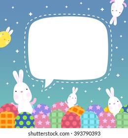 Funny Happy Easter with easter bunny and eggs and cute chick with copy space