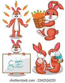 Funny Happy easter cartoon bunny rabbit carrot vector illustration set