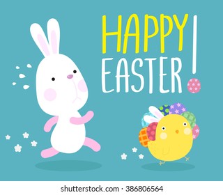 Funny Happy Easter concept with Bunny Chasing Chick carry easter eggs