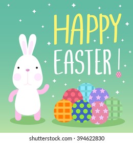 Funny Happy Easter concept with Bunny and colorful easter eggs