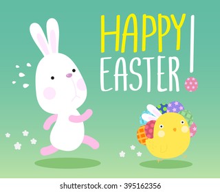 Funny Happy Easter concept with Bunny Chasing Chick carry easter eggs