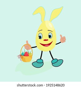 Funny happy Easter egg with bunny ears. A cute mascot is holding a basket. Vector isolated on white. Cartoon style.