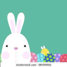 Funny Happy Easter with Eggs and easter bunny with copy space