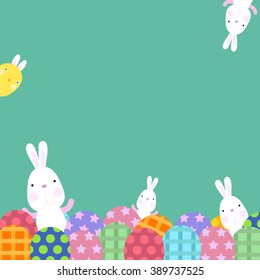 Funny Happy Easter with Eggs and easter bunny and cute chick with copy space
