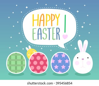 Funny Happy Easter with Eggs and easter bunny and cute chick