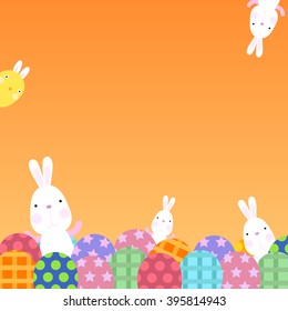 Funny Happy Easter with Eggs and easter bunny and cute chick with copy space