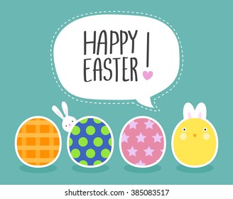 Funny Happy Easter with Eggs and cute chick and easter bunny 