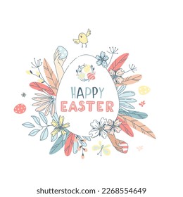 Funny Happy Easter floral pattern background greeting card with rabbit, bunny, chicks and flowers, basket, easter eggs hunt . Vector Illustration kids style design.