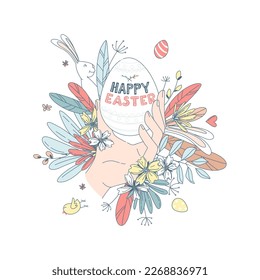 Funny Happy Easter floral pattern background greeting card with rabbit, bunny, chicks and flowers, basket, easter eggs hunt . Vector Illustration kids style design.