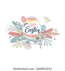 Funny Happy Easter floral pattern background greeting card with rabbit, bunny, chicks and flowers, basket, easter eggs hunt . Vector Illustration kids style design.