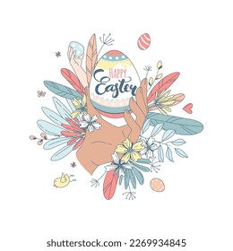 Funny Happy Easter floral pattern background greeting card with rabbit, bunny, chicks and flowers, basket, easter eggs hunt . Vector Illustration kids style design.