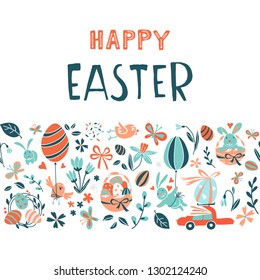 Funny Happy Easter greeting card background with rabbit, egg balloons, bunny, chicks and flowers, easter basket, children's game easter eggs hunt . Vector Illustration kids cartoon style design.
