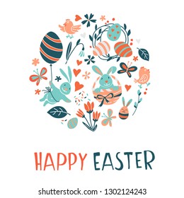 Funny Happy Easter greeting card background with rabbit, egg balloons, bunny, chicks and flowers, easter basket, children's game easter eggs hunt . Vector Illustration kids cartoon style design.