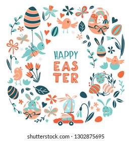 Funny Happy Easter greeting card background with rabbit, egg balloons, bunny, chicks and flowers, easter basket, children's game easter eggs hunt . Vector Illustration kids cartoon style design.