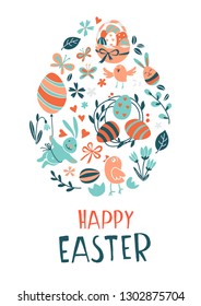 Funny Happy Easter greeting card background with rabbit, egg balloons, bunny, chicks and flowers, easter basket, children's game easter eggs hunt . Vector Illustration kids cartoon style design.