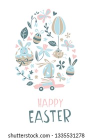 Funny Happy Easter greeting card background with rabbit, egg balloons, bunny, chicks and flowers, easter basket, children's game easter eggs hunt . Vector Illustration kids cartoon style design.
