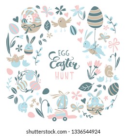 Funny Happy Easter greeting card background with rabbit, egg balloons, bunny, chicks and flowers, easter basket, children's game easter eggs hunt . Vector Illustration kids cartoon style design.