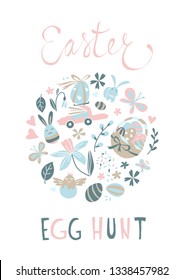 Funny Happy Easter greeting card background with rabbit, egg balloons, bunny, chicks and flowers, easter basket, children's game easter eggs hunt . Vector Illustration kids cartoon style design.