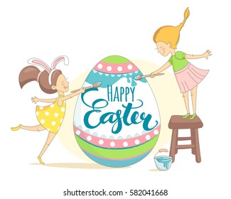 Funny Happy Easter greeting card with girls wearing rabbit ears costume and painting Easter egg. Vector Illustration flat kids style design.