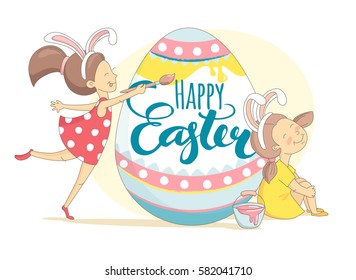 Funny Happy Easter greeting card with girls wearing rabbit ears costume and painting Easter egg. Vector Illustration flat kids style design.